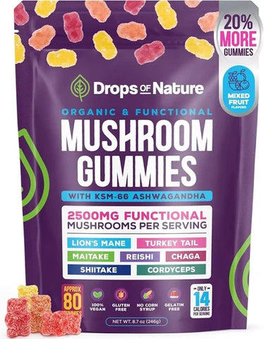 Mushroom Gummies, 2500mg w/Ashwagandha Shiit Blend for Focus Immunity